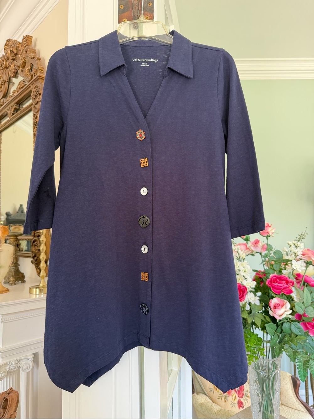 Soft Surroundings Navy Button-Front Collared Women's Tunic